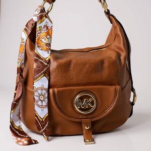 Michael Kors Fulton Camel Leather Shoulder Bag with 3 Accent Scarves